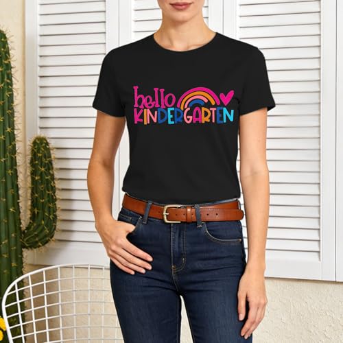 Image of Kindergarten Teacher Shirts for Women-Rainbow Heart Short Sleeves | Cute Back to School Shirt Great for Preschool Educators Classroom Daily Work First Day Celebration Events