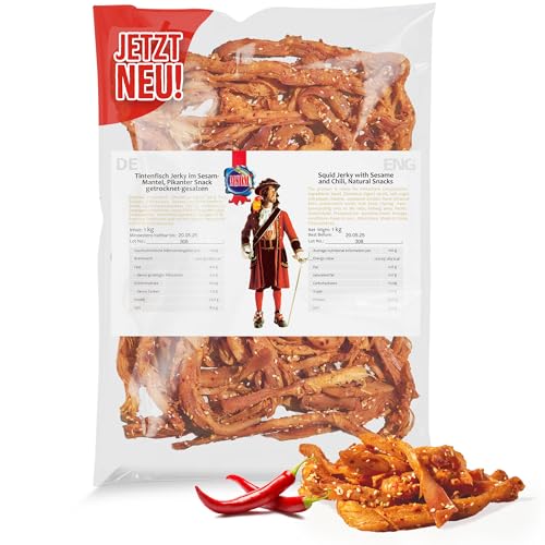 Tintenfisch Sesam 1kg - Fisch Jerky I High Protein I Snacks I Trockenfisch Omega 3 I Beef Jerky, Trockenfleisch & Chips Alternative Keto Salat Topping