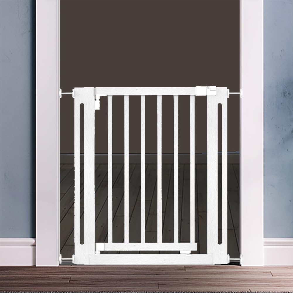 Safetots Puerta Elegante de Seguridad de Madera para Bebés, Blanca, 145cm - 153cm, Puerta de Seguridad con Ajuste por Presión, Puerta Extra Ancha de 73cm, Puerta Extra Ancha