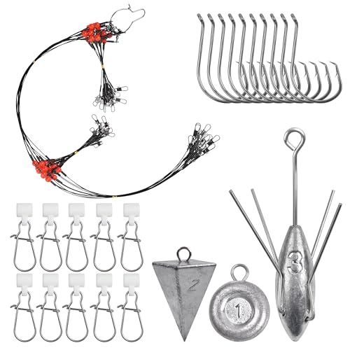 Saltwater Surf Fishing Rigs Tackle Kit, 35pcs Surf Fishing Rig Fish Finder Rig Include Fishing Wire Leader Rig Pyramid Sinkers Sputnik Sinker Weight Circle Hook Sinker Slider Surf Fishing Accessories