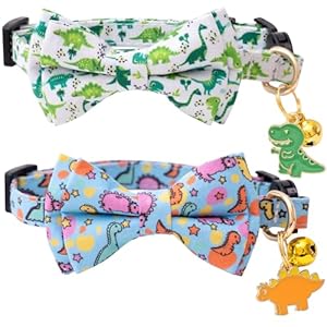 Faygarsle 2 Pack Cat Collar with Bell Breakaway Bowtie for Male Female Cats Soft Fancy Blue Green Dinosaurs Pattern Spring Summer Cat Collar for Boy Girl Cats