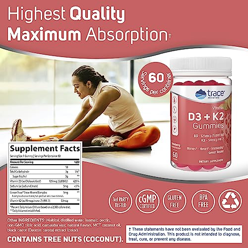 Trace Minerals | Vitamin D3 + K2 Gummies | 5,000 Iu D3 + 50 Mcg K2 | Maintain A Healthy Heart, Bones And Immunity | Vegan, Sugar Free, Gluten Free, Natural Strawberry Flavor | 60 Servings #TOP2