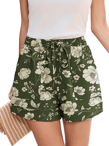 Heymoments Wide Leg Shorts Women Lightweight Vintage Moss Floral Medium High Waisted Flowy DressyLoose Fit Summer Ladies Cute Beach Trousers with Pockets