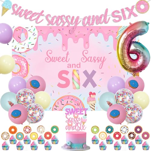 Kreatwow Sweet and Sassy Birthday Party Decorations Donut 6th Birthday Party Decorations Backdrop Banner Pastel Doughnut Balloon Ice Cream Candy Cake Cupcake Topper Sweet Donut 6th Bday Decoration by Kreatwow - Used condition - US$8.37