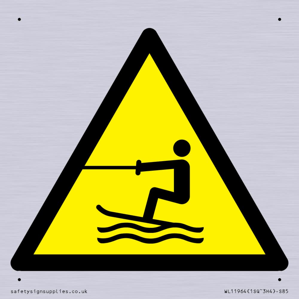 W045 Warning: Towed water activity area Sign - 85x85mm - S85, Yellow/White