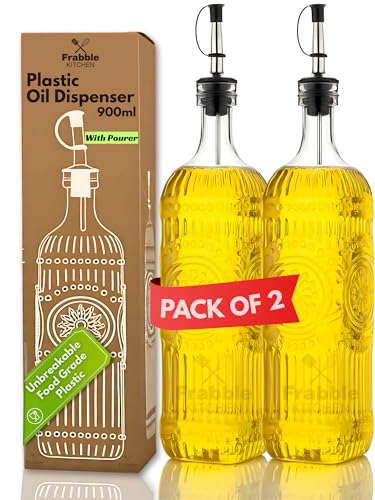 Image of Food Grade Plastic Oil Dispenser 900ml with Steel Pourer & Lid (2 Pack) - Cooking Oil Dispenser for Kitchen - Oil Bottle for Kitchen Storage for Refined Oil,Vinegar,Sauce,Honey