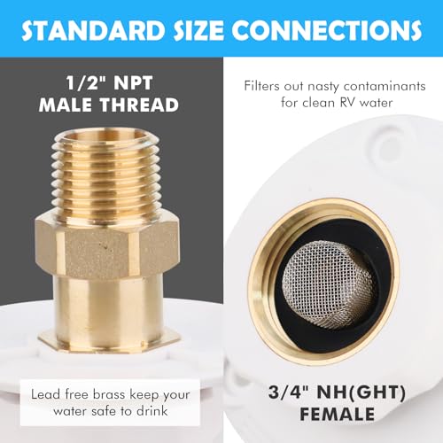 Image of Lead-Free Brass RV Water Inlet Connection, 1 /2 inch NPT Male City Water Fill Flange with Check Valve, Leak-Free City Water Hookup for Camper, Trailer(White)
