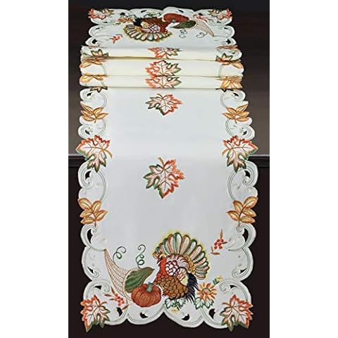 Creative Linens Fall Harvest Thanksgiving Table Runner 15x68, Embroidered Turkey Pumpkin Maple Leaf Sunflower Dresser Scarf Ivory Holiday Decoration Cover