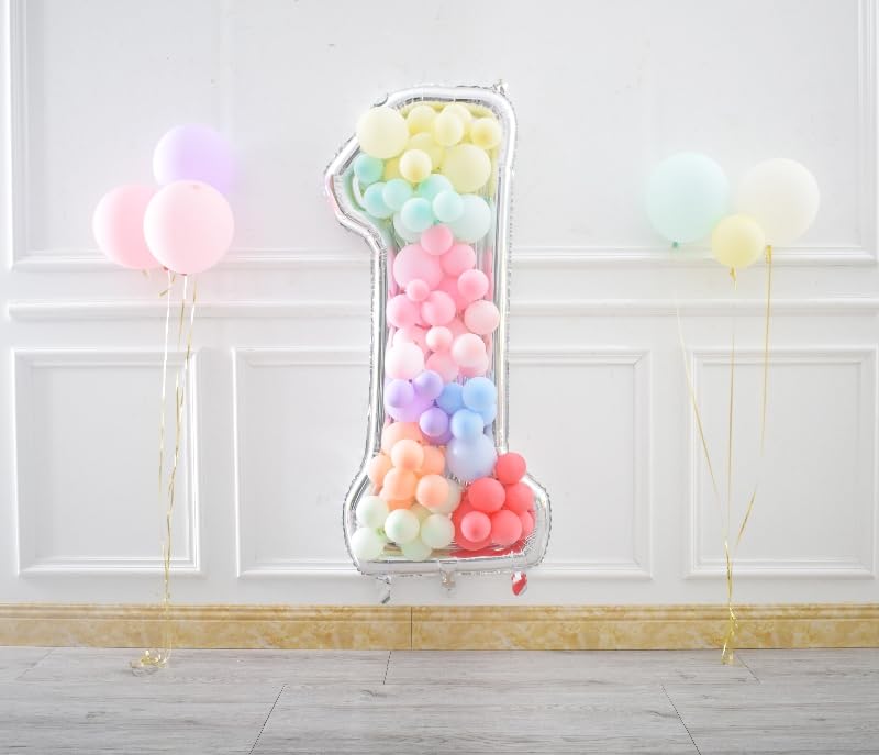 Skywin Large Numbers for Party Decor- 1, Big Numbers for Party Decorations 65 Inches (5.42 Feet) Mosaic Balloon Frame, Giant Balloon Frame, Birthday Parties and Decor (Silver)