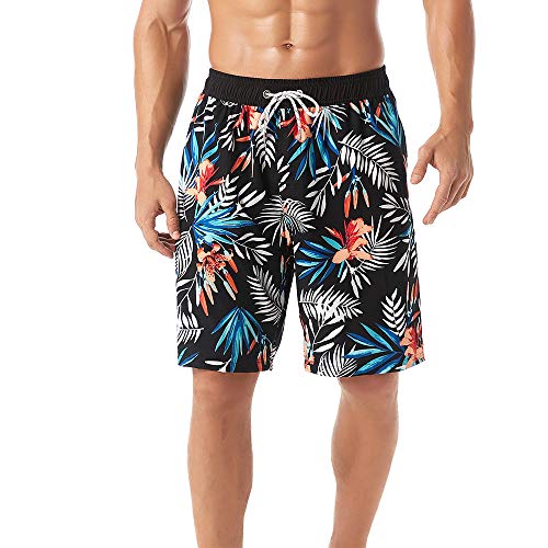 Kasebay Homme Shorts Maillot de Bain Block Short de, Séchage Rapide avec Mesh Lining Plage Sport Jogging Casual Vacances, Pantalon de Bain,Feuille noir-blanc,L Cover
