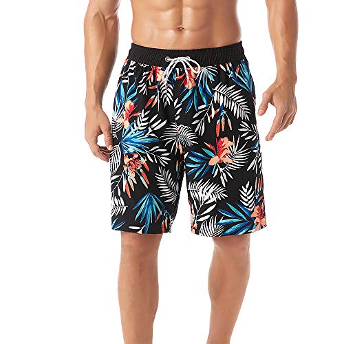 Kasebay Homme Shorts Maillot de Bain Block Short de, Séchage Rapide avec Mesh Lining Plage Sport Jogging Casual Vacances, Pantalon de Bain,Feuille noir-blanc,XL