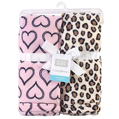 Image of Hudson Baby Unisex Baby Silky Plush and Coral Fleece Blanket, Leopard Heart, 30x36 inches (Pack of 2)