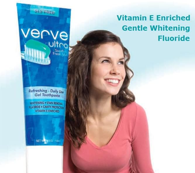 Woman smiling next to Verve Ultra toothpaste tube, text 'Vitamin E Enriched Gentle Whitening Fluoride'