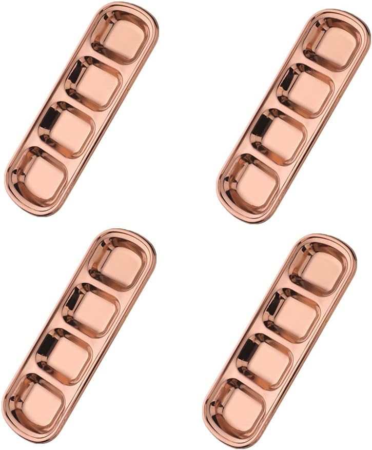 4-Compartment Stainless Steel Dipping Sauce Dish, Set of 4 Appetizer Serving Tray/Bowls for Sauce, Vinegar, Soy, BBQ, Hotpot, Snacks and Other Party Dinner, Dishwasher Safe Rose Gold
