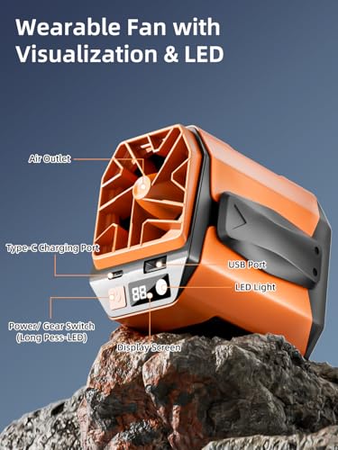 Miniatura 5 de Wrischan Ventilador Portatil Cintura, 10000mah Recargable Ventilador De Pilas Con 5 Velocidades Y 16000rpm, Mini Ventiladores Con Led Para Trabajos Al Aire Libre, Obras, Viajes Y Acampadas
