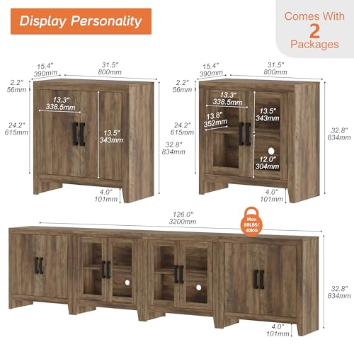WAMPAT 126\" Large Buffet Sideboard with 6 Center Drawers, Extra Long Storage Cabinet with Doors, Modern Farmhouse Coffee Bar Table for Dining Room, Brown