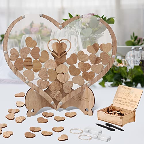 Wedding Guest Book, Arespark Wooden Hearts Wedding Decoration Set, 100 Wooden Heart, Storage Box, 2 Marker Pens, 2 Light Bars