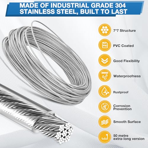 DazzBoom Drahtseil Set,50M 2mm stahlseil,304 Edelstahl Drahtseil Spanndraht,stahlseil mit ösen,für String Light Suspension,Zaun,Wäscheleine,Gardinenseil,Kletterpflanzen,Deck-Kabel-Reling