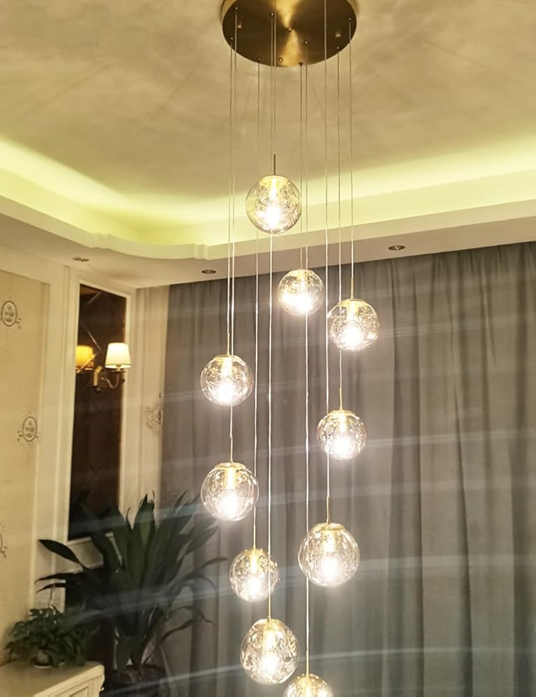 SXECAEPS Modern creative chandelier Staircase Brass Minimalist Duplex Hollow Living Room Loft Modern Hotel Villa Stairwell High Ceiling Pendant Light Creative Clear Glass Ball, Size 40x200