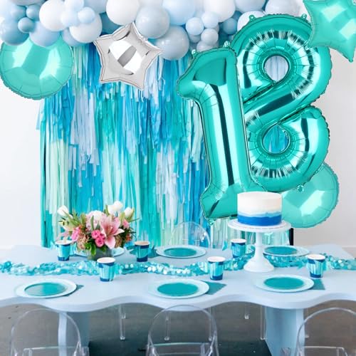 Image of Teal Blue Number 18 Balloons 40 Inch 18th Birthday Mermaid Theme 5 Pcs | Big Helium Mylar Digital Balloon Anniversary Wedding Party Decor Supplies