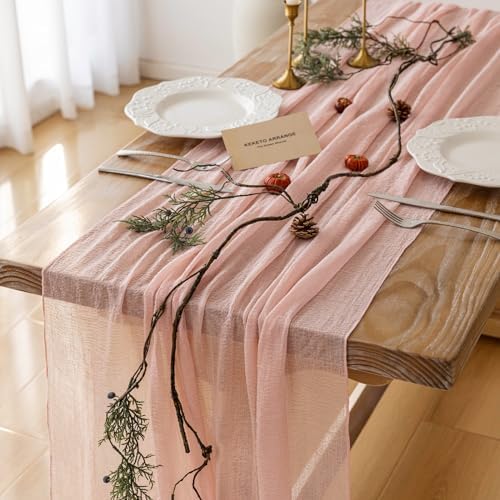 Keketo Pink Table Runner Cheese Cloth Rustic Gauze Cheesecloth Table Runner 120 Inch 10 FT for Wedding Baby Shower Bridal Shower Party Sheer Boho Spring Summer Home Decorations