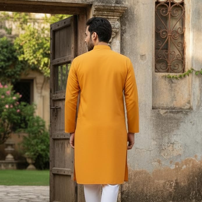 Image of Men's Cotton Blend Blend Knee Length Solid Color Style Stright Long Mandrin Collor Ethnic Casual Wear Kurta Only