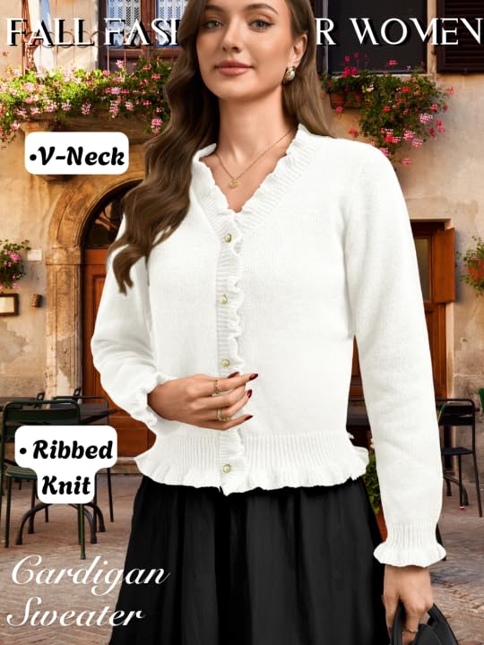 Womens Trendy Ribbed Knit Cardigan Sweater, Pearl Button V Neck Ruffle Long Sleeve, Fall Winter Casual Outfits Work2
