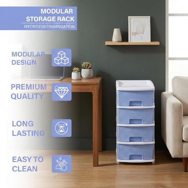 Image of Plastic Modular Drawer Storage Chest Of Drawers Organizer Storage Box, Large Stomo Racks For Multipurpose Anti-slip Shoes Organizers (Blue, 4 Layer)