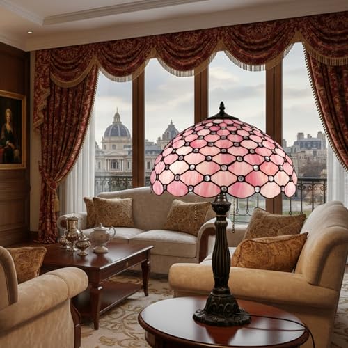 Image of Tiffany Table Lamp Stained Glass Bedside Lamp Pink Desk Reading Light 24 inch