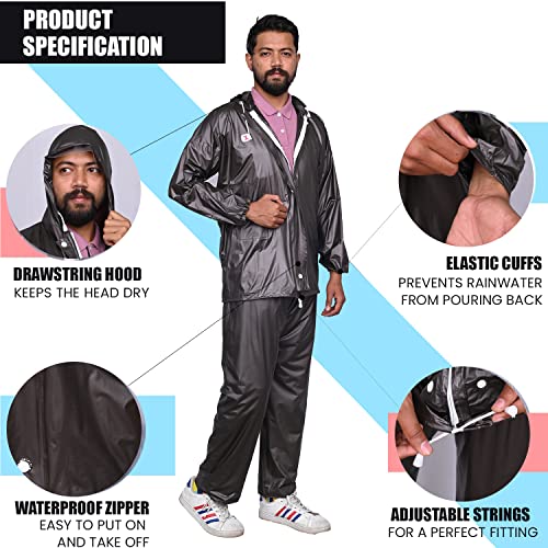 Image of Allextreme PVC Waterproof Raincoat for Men with Hood & Pants Set | Full Body Rain Suit with Adjustable Drawstring Hood & Carry Pouch | Rainwear for Bike Riding, Travel & Outdoor Use (Wood Grey, XXL)