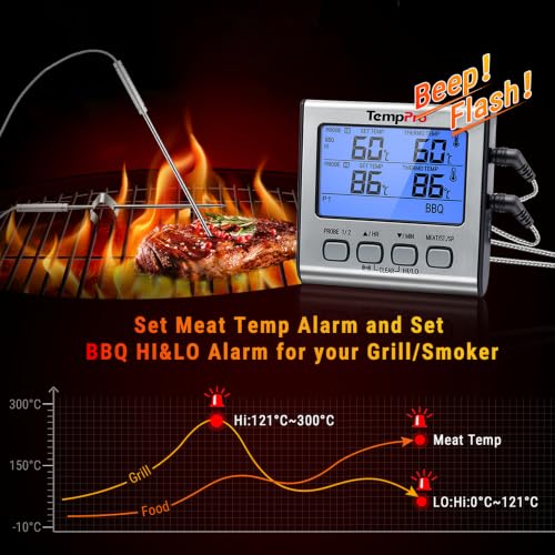Foto von TempPro Fleischthermometer Grillthermometer mit 2 Fühlern, mit Timer, Alarm