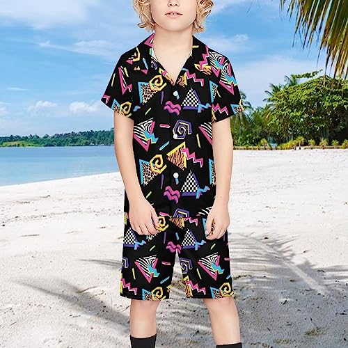 OLGCZM 80s 90s Memphis Boys Hawaiian Shirt Sets Kids Casual Button Down Short Sleeve Shirt 7-8T4