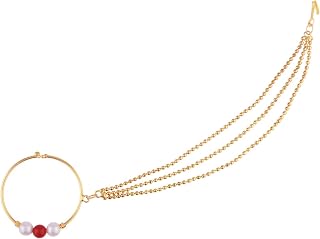 Indian Nose Rings Hoop with Chain Faux Pearl Nath Nathni Nose Pin Stud Fake Septum Ring Indian Bridal Jewelry for Wedding Nose Hoop Ring Non Piercing Body Jewelry for Women
