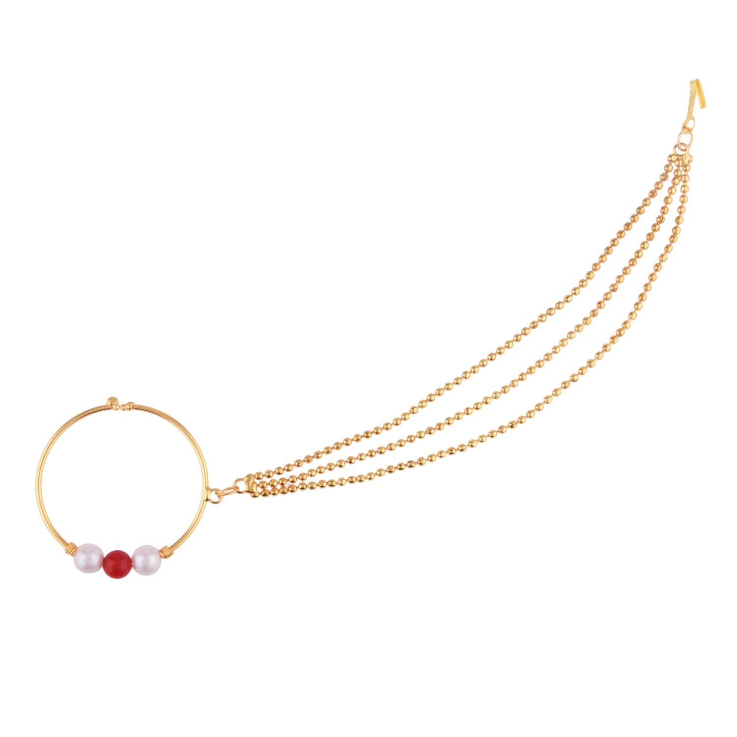 EfulgenzIndian Nose Rings Hoop with Chain Faux Pearl Nath Nathni Nose Pin Stud Fake Septum Ring Indian Bridal Jewelry for Wedding Nose Hoop Ring Non Piercing Body Jewelry for Women