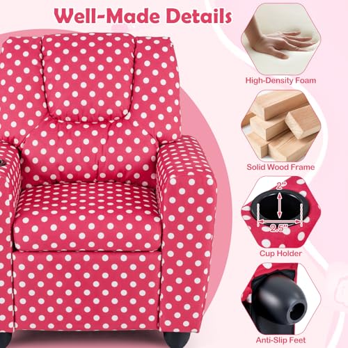 Image of Kids Recliner, Toddler Lounge Chair w /Cup Holder, Wide Armrest, Kids Sofa w /Adjustable Footrest, Comfy Toddler Recliner Chair for for Boys & Girls 3 + (Fabric, Red Polka Dots)