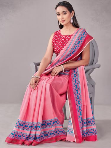 Image of Satrani Women's Silk Printed Saree with Unstitched Blouse Piece