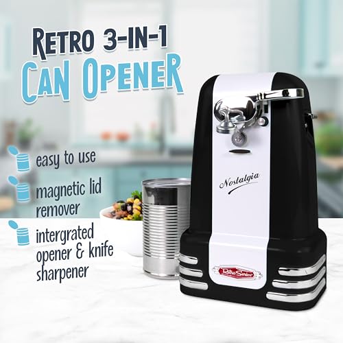 Image of Nostalgia Retro Electric Can Opener for Kitchen with Magnetic Lid Remover, Knife Sharpener, and Soda or Beer Bottle Opener, Black