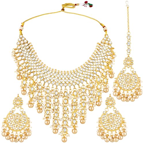 Image of Peora Kundan & Beads Studded Necklace Earrings & Maangtikka Set Ethnic Jewellery for Women & Girls