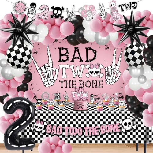Bad Two The Bone Birthday Decorations, Rock And Roll Music Themed 2nd Birthday Party Decorations Balloons Tablecloth Backdrop Banners Cake Cupcake Toppers for 2 Year Old Party