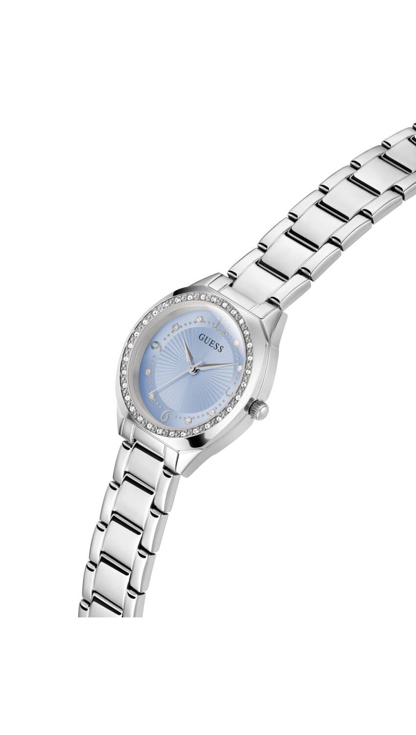Guess Damski zegarek na rękę GW0767L6 Charlotte, 30 mm stal nierdzewna srebrny PVD, niebieska tarcza z cyrkonią, kwarc, szkło mineralne, 1 ATM, bransoletka ogniwowa