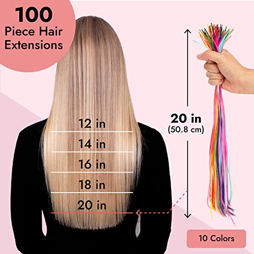 Glamlily Colored Hair Extensions For Kids, Hair Extension Beads, 100-Pcs Synthetic Strands In 10 Rainbow Colors, Includes Tools And Microbeads For Daily Use, Costumes, Formal Events (20 In) #TOP3
