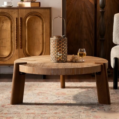 KEIKI 36.6" Round Wood Coffee Table, Rustic Natural Coffee Table for Living Room, Modern Apartment & Home Center Table, Natural