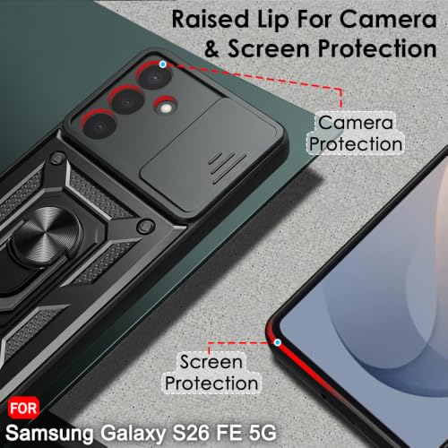 Image of TheGiftKart Tough Armor Bumper Back Cover Case for Samsung Galaxy S26 FE 5G | Sliding Camera Cover, KickStand & Ring Holder | 360 Degree Protection Back Cover Case for Samsung S26 FE (PC & TPU, Black)