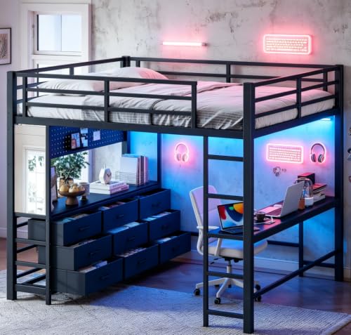 Image of Bellemave Metal Queen Loft Bed Frame with Desk, Storage Drawers,USB,Mirror for Adults,Kids,Teens,Black