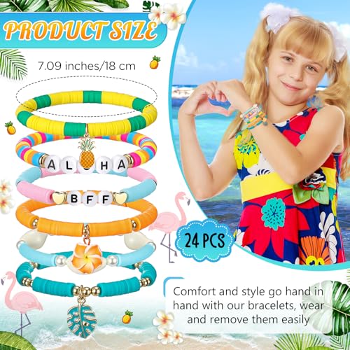 24 Pcs Aloha Hawaiian Friendship Bracelets, Bohemia Plumeria Rubra Tropical Flower Heishi Surfer Beaded Stretch Summer Bracelets for Aloha Tropical Birthday Summer Beach Pool Party Favors2