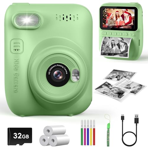 Kids Instant Print Camera, 3.0-inch HD Screen 32MP Photo Instant Digital Camera Christmas Birthday Gifts Toys for Children Girls Boys Age 3-12 - Green