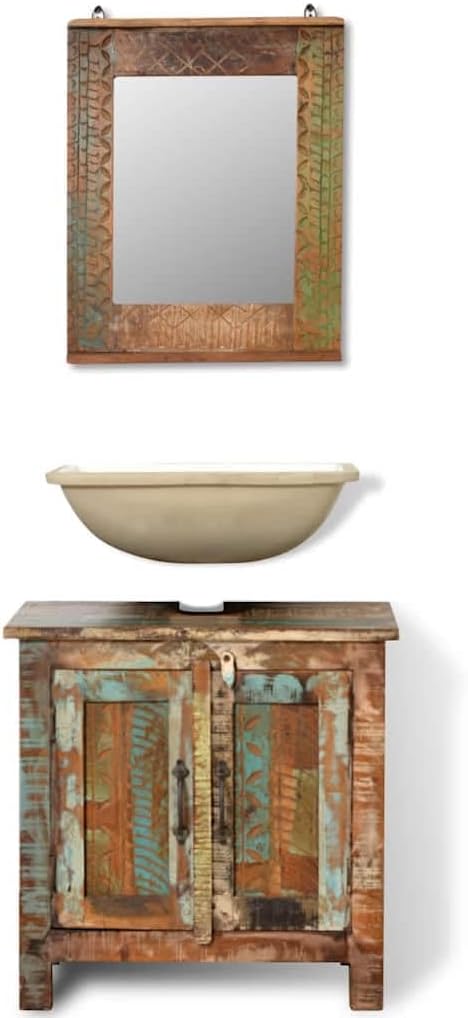 Vintage Reclaimed Wood Bathroom Vanity Cabinet Set, Multicolored Storage Furniture for Sink, Standing Toilet Organizer with Doors, Easy Assembly