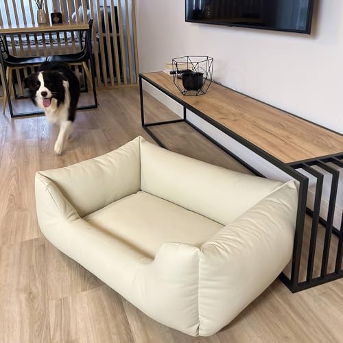 4L Textil Mario Hundebett Kunstleder - Formstabiler & Wasserfester Hundekorb für Große Hunde, Kratzfestes Hundesofa mit Abnehmbarem Bezug, Leicht Abwaschbar (120x90x25 cm, Beige)