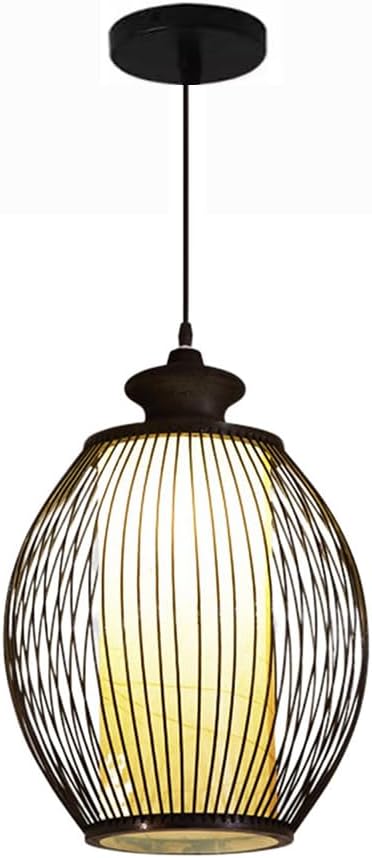 Hand Knitted Pendant Lamp Bamboo Wood Pendant Lights, Southeast Asia Chandelier Natural Bamboo Rattan Lamp Shade for Dining Room Bar Café Rustic Decorative Lights, 8.6in, Black