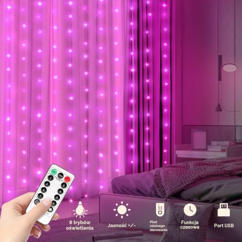 Yizhet Kurtyna świetlna 3m x 3m, łańcuch świetlny z 8 trybami, 300 Led